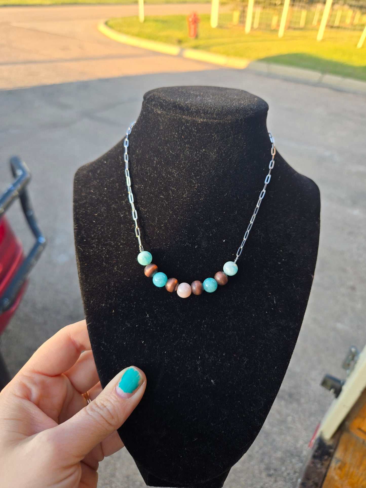 Copper pearls, Peruvian amazonite and pink morganite