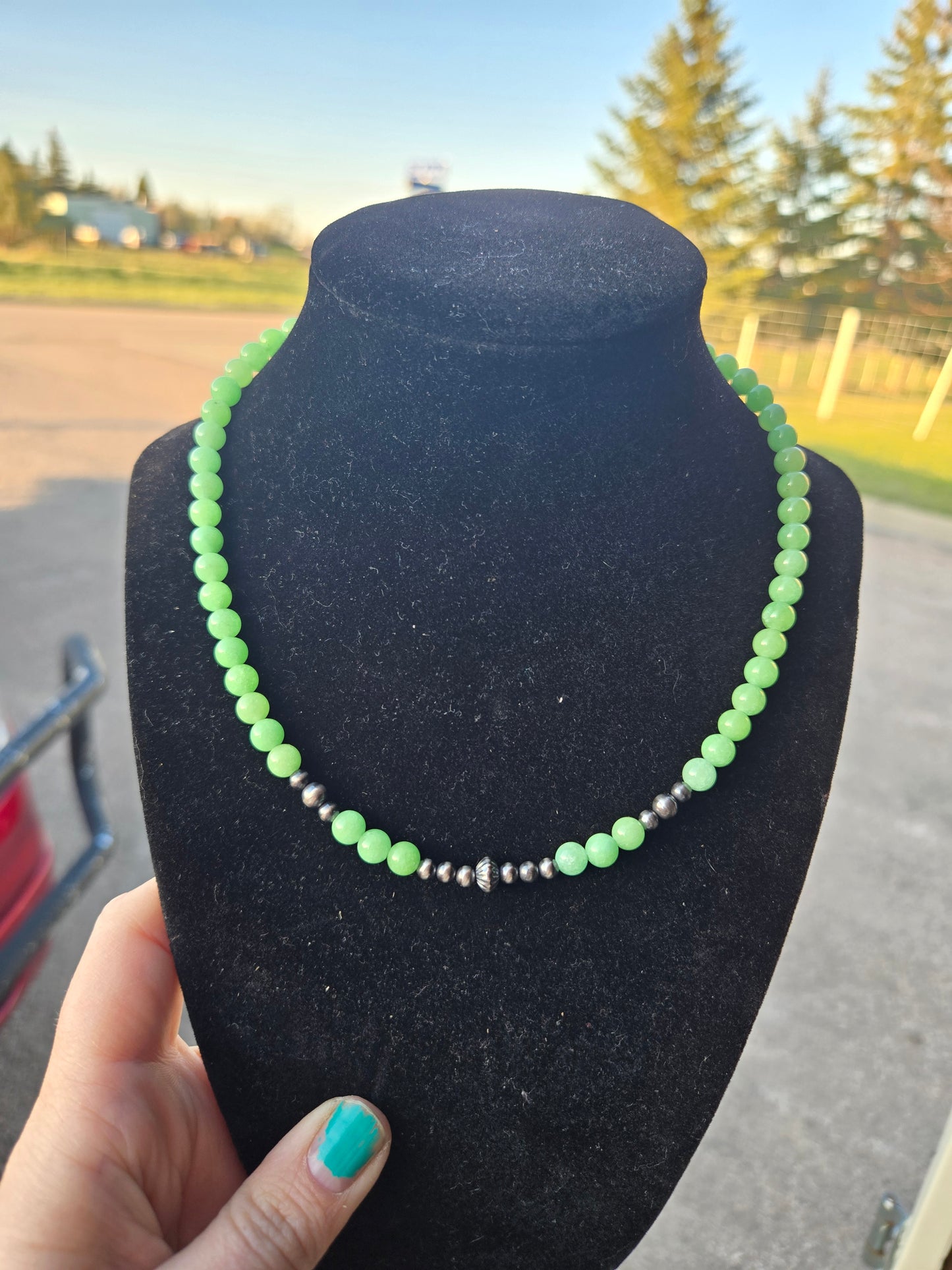 Dyed jade and sterling pearls