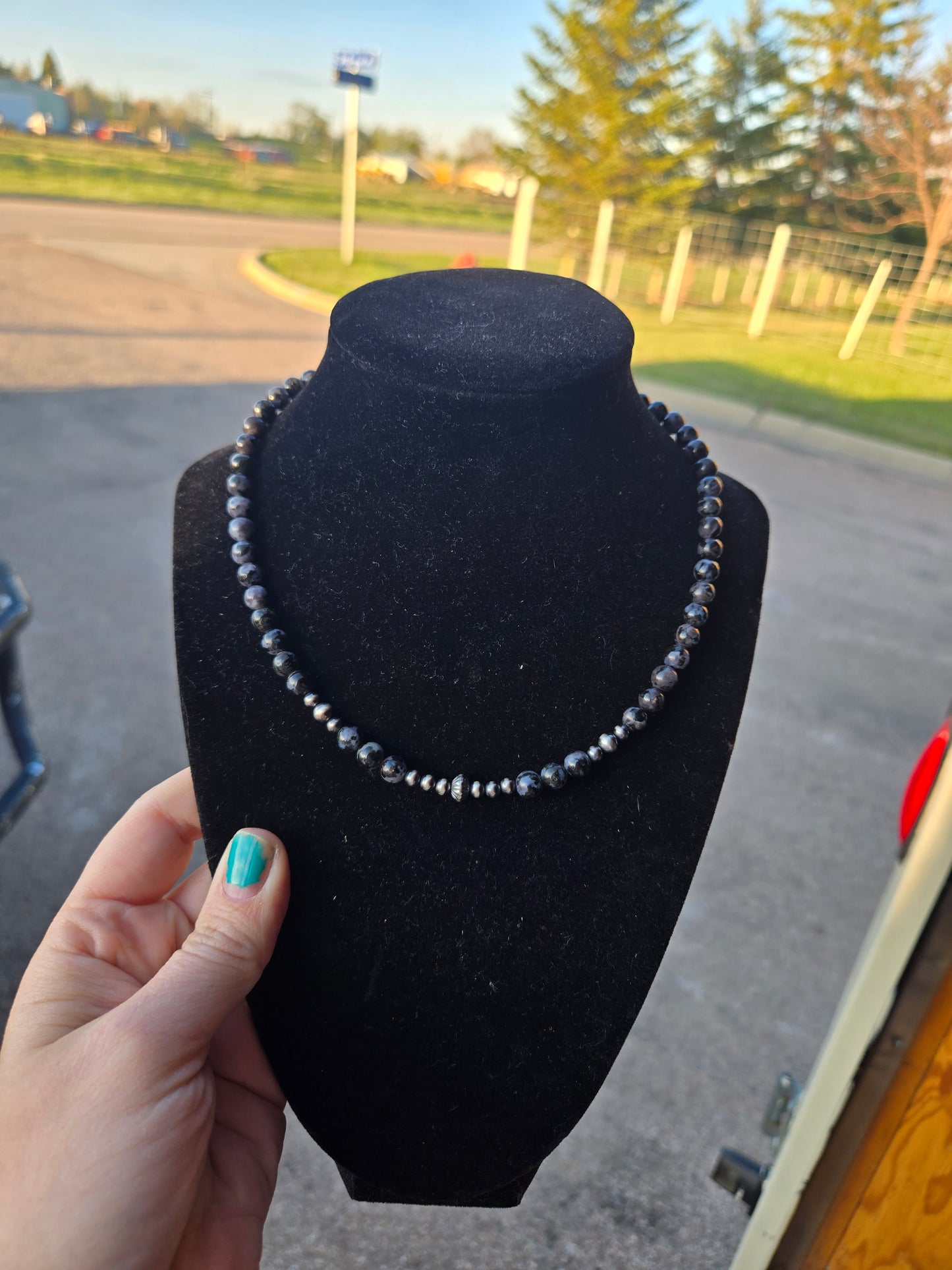 Indigo gabbro and sterling pearls