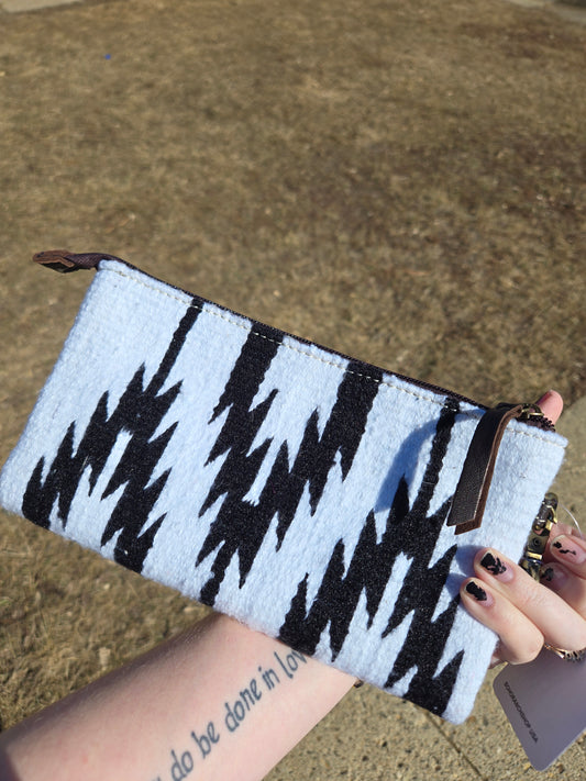Aztec fabric and leather clutch