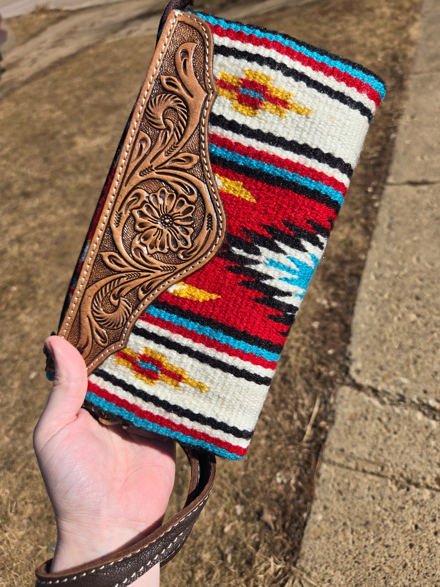 Aztec fabric and leather clutch wallet