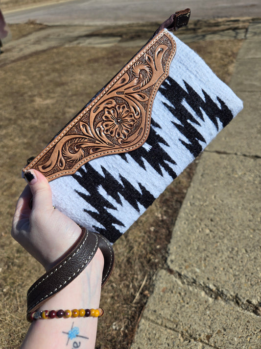 Aztec fabric and leather clutch