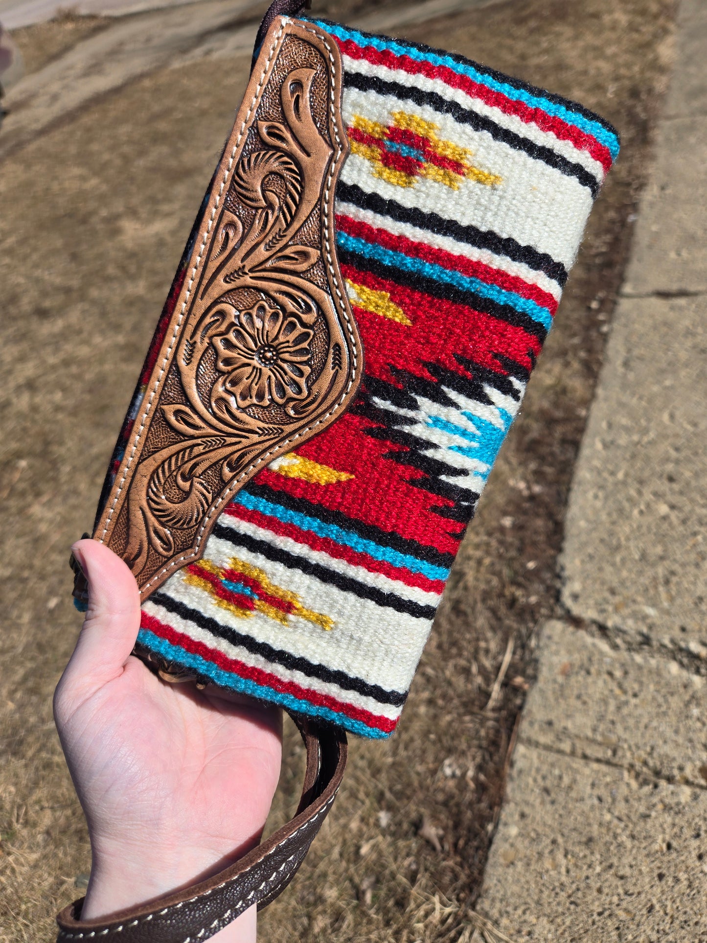 Aztec fabric and leather clutch wallet