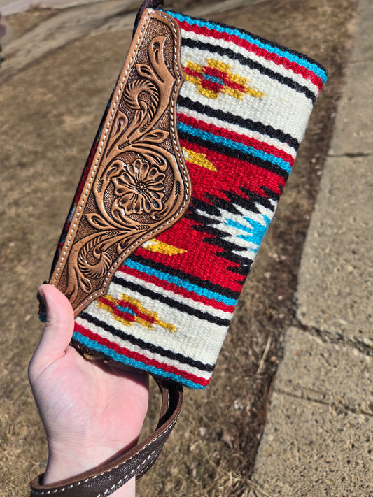Aztec fabric and leather clutch wallet