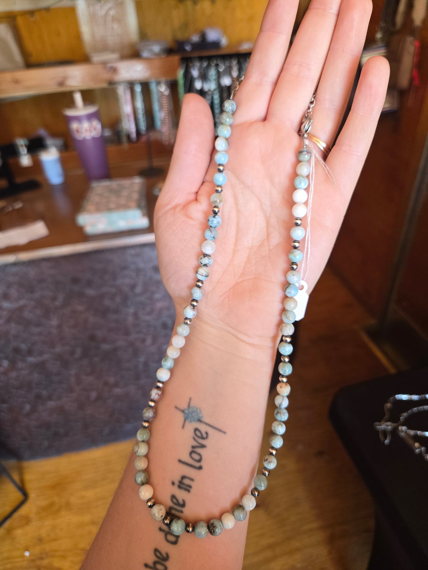 Larimar and sterling pearls